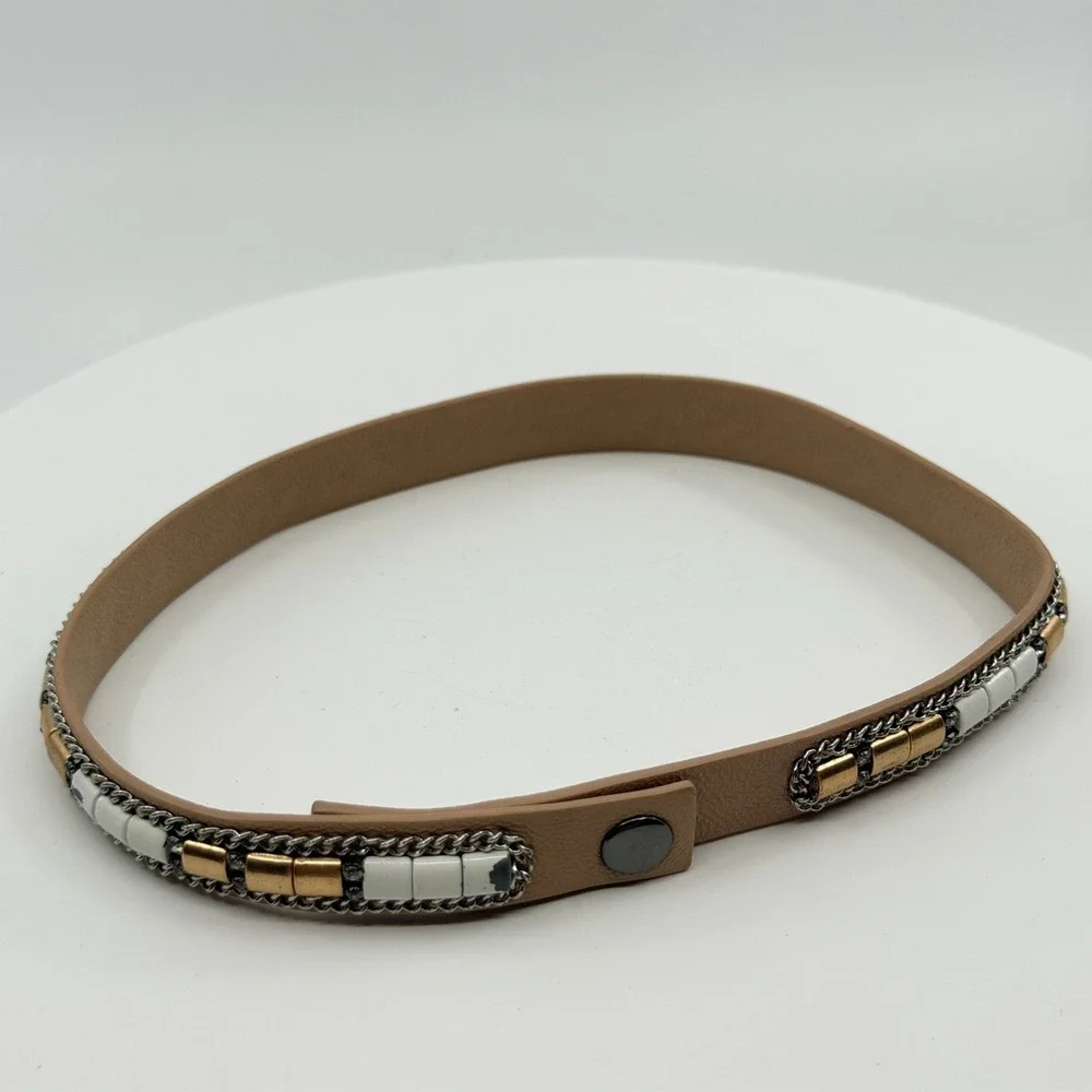 Stella & Dot Tan Faux Leather Wrap Bracelet Mixed Metal Rhinestone Boho Gift